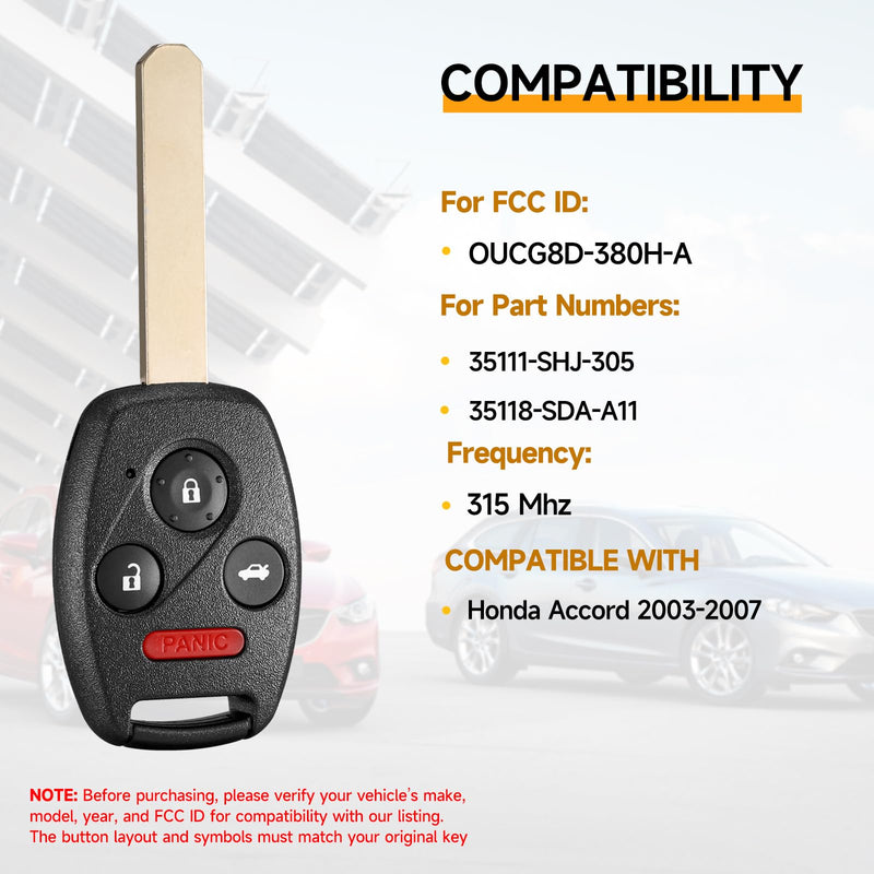 2 Pcs Smart Key Fob Replacement Fits for Honda Accord 2003 204 2005 2006 2007Car Keyless Entry Remote OUCG8D-380H-A 35111-SHJ-305 315 Mhz