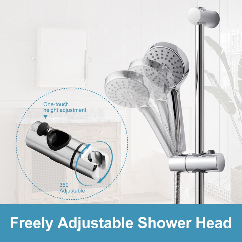 OFFO Shower Slide Bar Combo, Adjustable 21 in Slide Bar with 3-Mode Round Handheld Shower Head and 60 in Stainless Steel Hose, Screw Wall Mounted, Chrome Finish Round 21" Slide Bar & 60" Hose