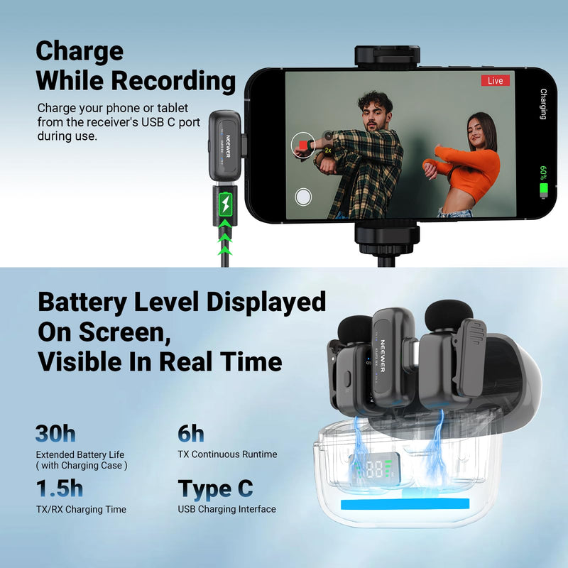 NEEWER KM19 Wireless Lavalier Microphone Compatible with iPhone 17 16, Gray | Compatible with iPhone Android & PC, Mini Lav Mic, App Control, 3 Level Noise Cancelling, 30h Battery, 100m, Video Recording