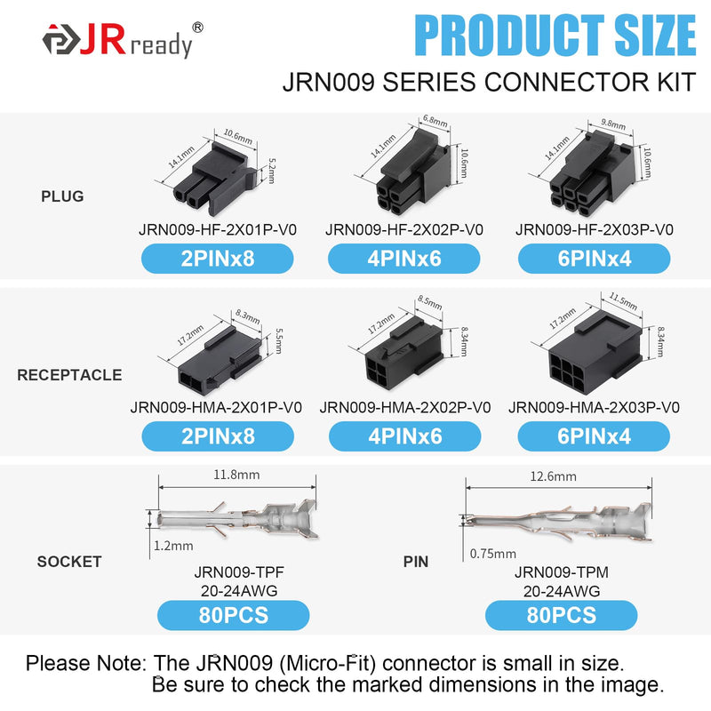 JRready Molex Micro-fit 3.0 Connector Kit 2 4 6 Circults MX3.0 Power Plug Receptacle 43020 Series 20-24AWG Wire Crimp Terminals 43031 Series Pins Sockets Connectors 3.0mm Pitch 196Pcs ST6516 2 4 6 Pin