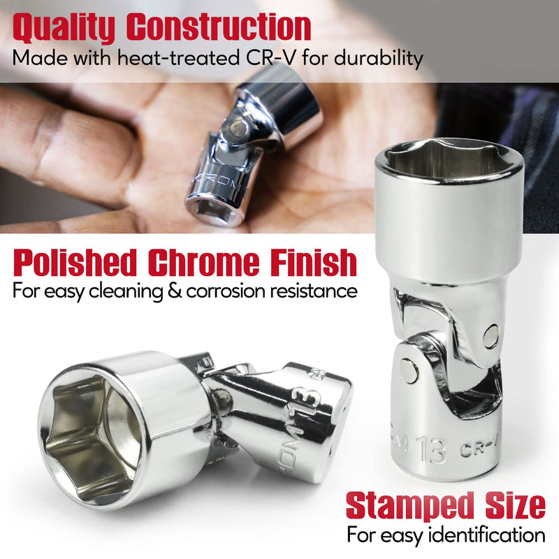 CROM Universal Flex Socket Set - 1/4 Inch Drive 6-Point 12-Piece Swivel Socket Set from 5mm to 15mm Metric - Swivel Joint for Easier Access to Tight Spaces - Aluminum Storage Rail Included 1/4" Dr. - 12PCS - Metric