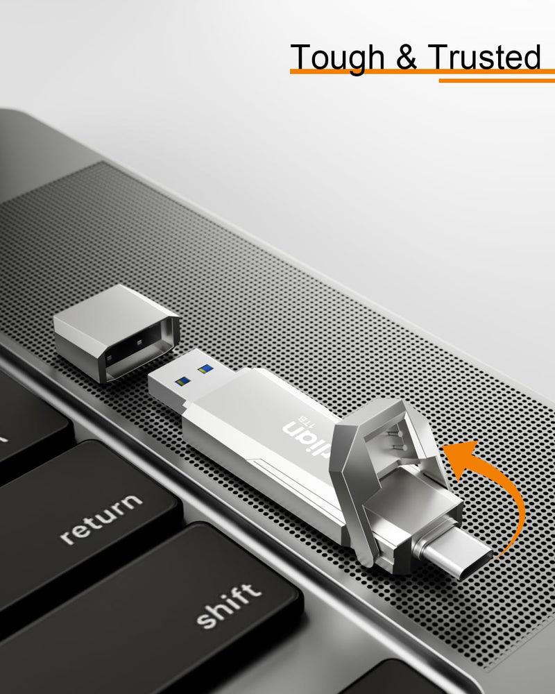 1TB External Portable SSD USB Solid State Drive Up to 1000MB/s USB 3.2 Gen 2 Dual Drive Type C + USB A Solid State Thumb Drive for Phone/Android Laptops/Windows/Mac, Silver 1T