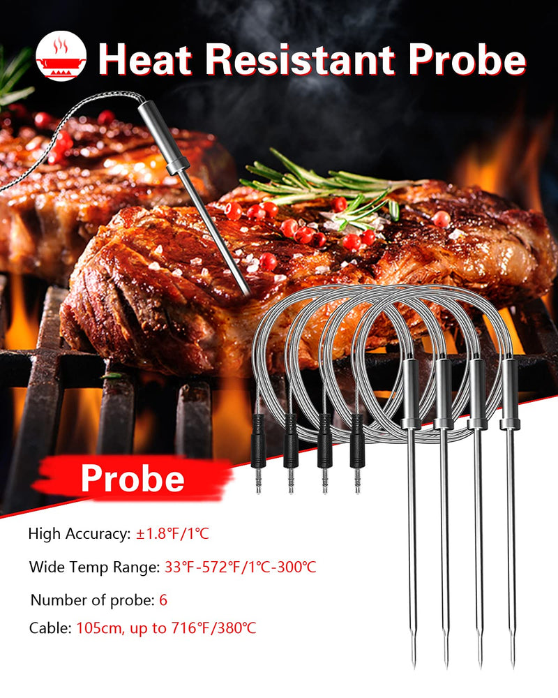 BFOUR Bluetooth Meat Thermometer Wireless Meat Thermometer, Wireless Digital Grill Thermometer with 6 Temperature Probes, Large LCD Display, Bluetooth Thermometer for Grill, Smoker, Oven and BBQ 6 x Probes