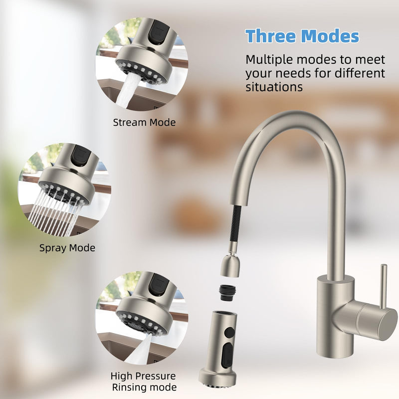 Hibbent Stainless Steels Pull Down Faucet Head Replacement, NSF/ANSI/CAN 61 & CUPC Certified 3 Function Kitchen Sink Sprayer Head, 15 Adapters, Compatible with Moen, Kohler Faucets, Brushed Nickel Stainless Steel with 15 Adapters