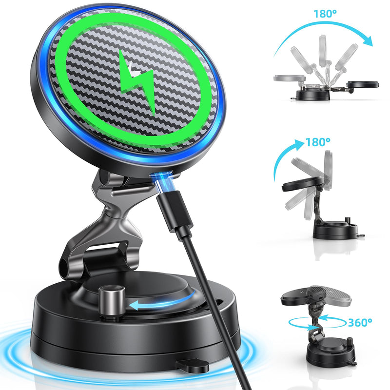 Upgraded 15W Magnetic Car Charger, Dashboard Phone Holders for iPhone 12-17 | 3200gf Magnetic Wireless Charger Faster Charging, 82LBS Suction Cup Dashboard Phone Holder, 360° Rotatable Magnetic Stand Blacka1
