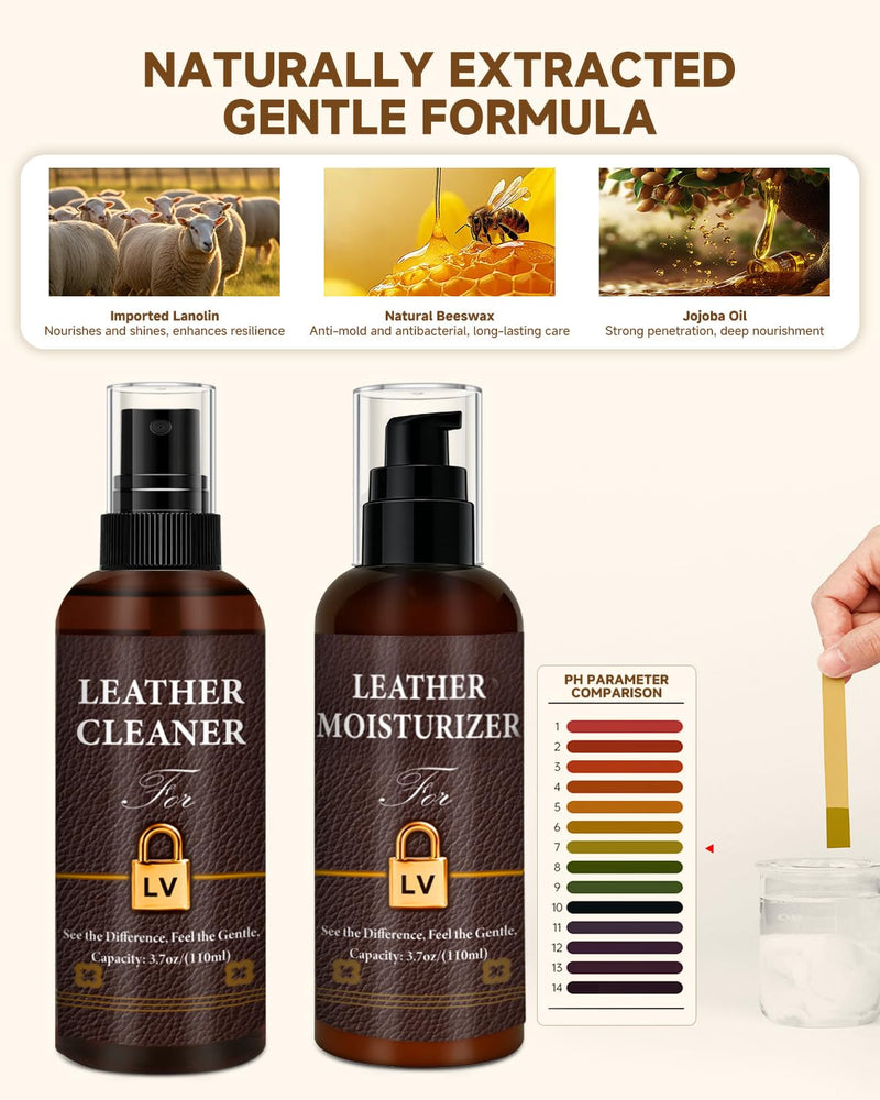 Leather Cleaner & Moisturizer Set for Louis Vuitton, Cleaning and Maintenance Set for LV, Powerful Stain Removal, Gentle Care, Suitable for LV Handbags/Wallets and Other Luxury Brands