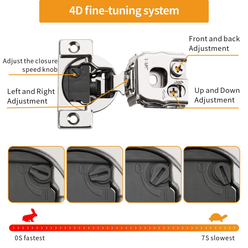 Chibery 10 Pack 1-1/4" 4D Overlay Soft Close Concealed Hinges for Face Frame Door, Control Closing Speed, Smooth Slow Self Close Hinges, Satin Nickel, 105° Open Angle Stainless Steel Cabinet Hinges 1-1/4 inch Overlay