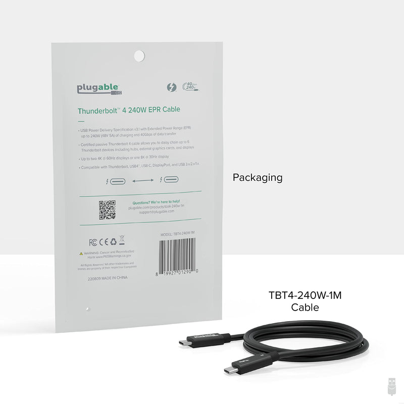 Plugable Thunderbolt 4 Cable 240W EPR Charging, 1M (3.3ft), Thunderbolt Certified, 40Gbps Data, Dual 4K or 1x 8K Display, Compatible with USB4, Thunderbolt 3, USB-C