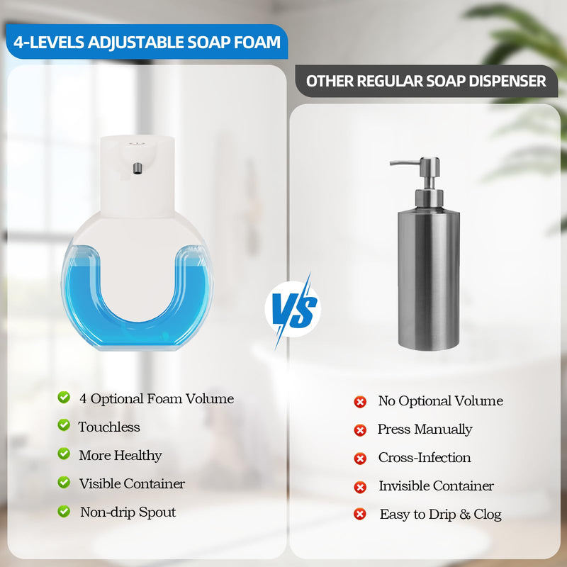 Automatic Soap Dispenser Touchless,Rechargeable Foaming Soap Dispenser,15oz/420ml Smart Hand Soap Dispensers,4-Level Adjustable,Wall Mount for Bathroom Kitchen Dish Soap,Hands-Free White Foam