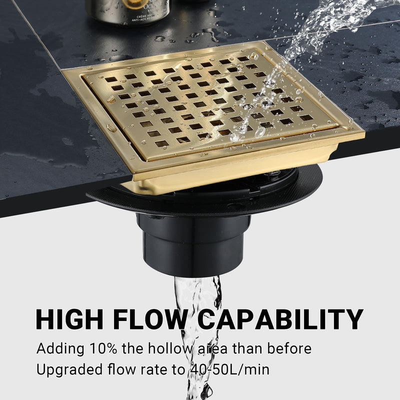 4 Inch Square Shower Floor Drain, Stainless Steel Black Shower Drain Kit with Flange, Floor Drain with Removable Grid Cover,Brushed Gold 4 inch-Grid Brushed Gold