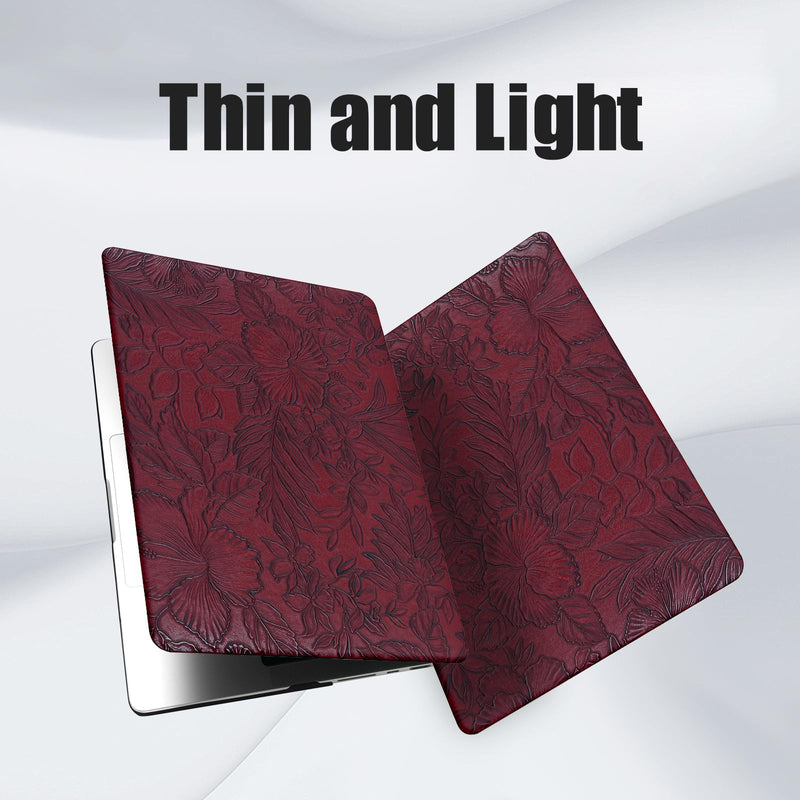Floral Logo Cutout Case for MacBook Neo 13 inch 2026 A3404 A18 Pro Chip | Elegant Textured Mac Neo Case Retro PU Leather Hard Shell Case for MacBook Neo 2026 Case & Keyboard Cover, Deep Burgundy # Embossed Floral Burgundy