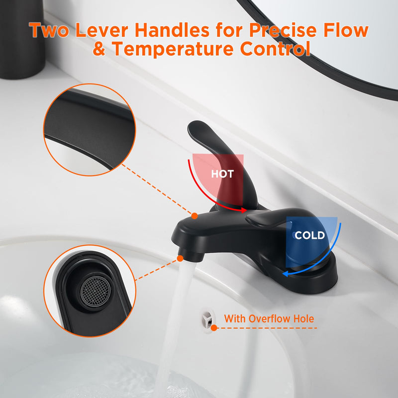 Bathroom Sink Faucets 2/3 Hole,Matte Black Dual Handles 4 inch Plastic Plating Over Bathroom Faucet with Pop-up Drain and 2 Supply Hoses for Apartment Rvs Sink Vanity Matte Black