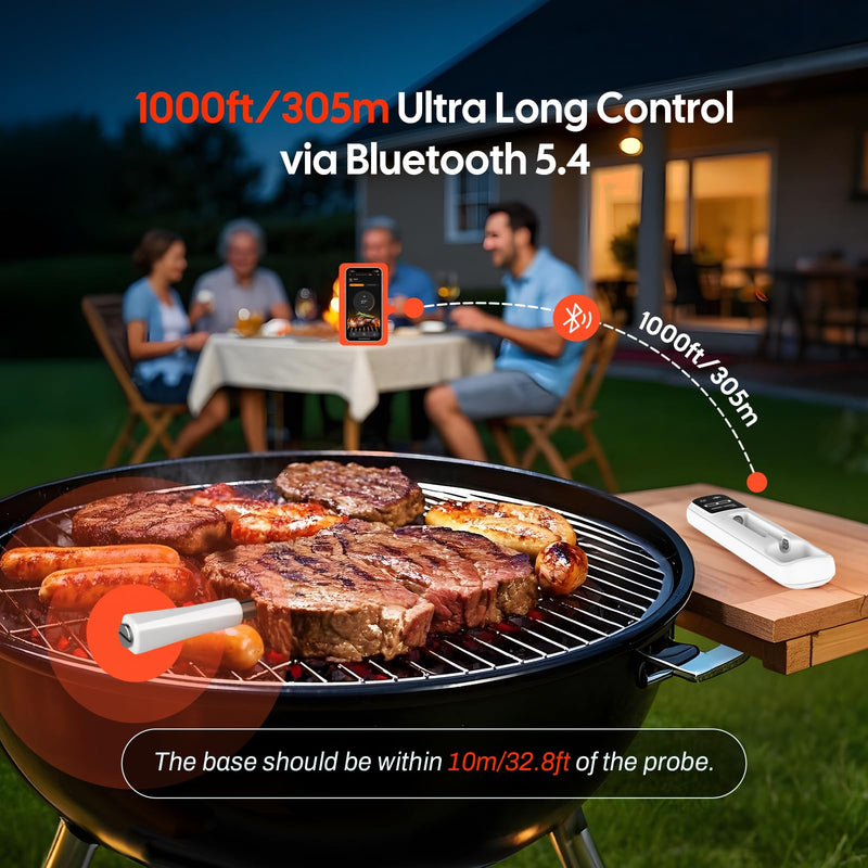 INKBIRD Mini Wireless Meat Thermometer, Bluetooth 5.4,1000ft/305m Ultra Long Connection, 60 Min Offline Data Storage, IP67 Waterproof, White LED Display, Ideal for BBQ, Grill, and Smoker 11I-B