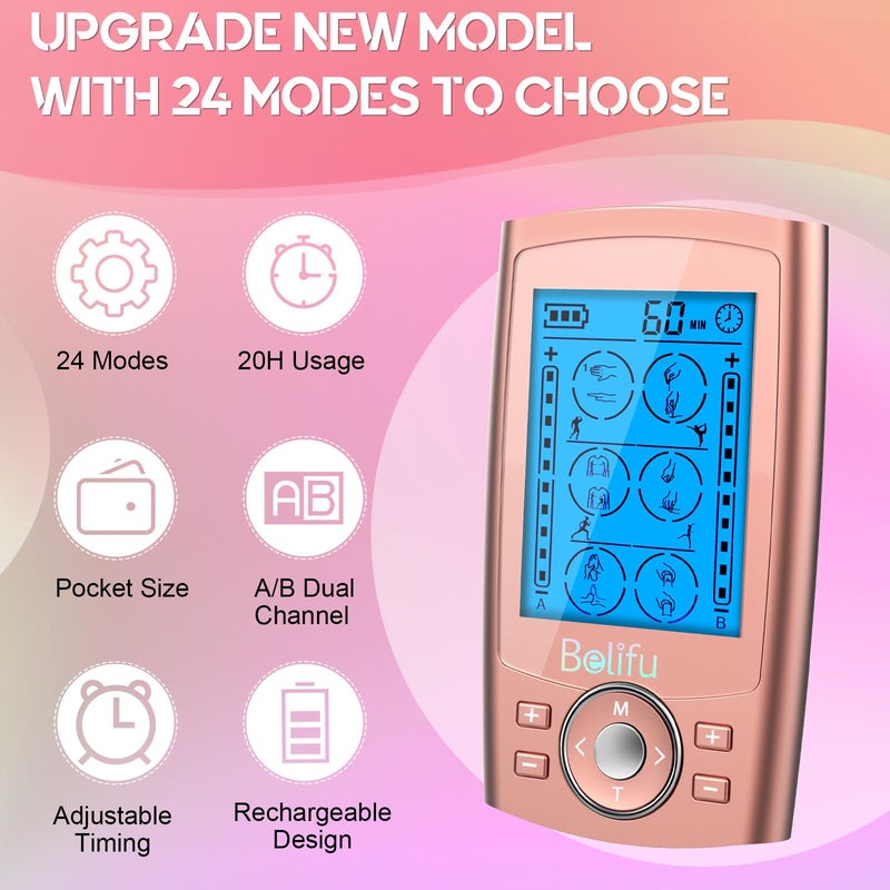 Belifu Dual Channel TENS EMS Unit 24 Modes Muscle Stimulator for Pain Relief Therapy, Electronic Pulse Massager Muscle Massager with 10 Pads, Dust-Proof Drawstring Storage Bag Pink