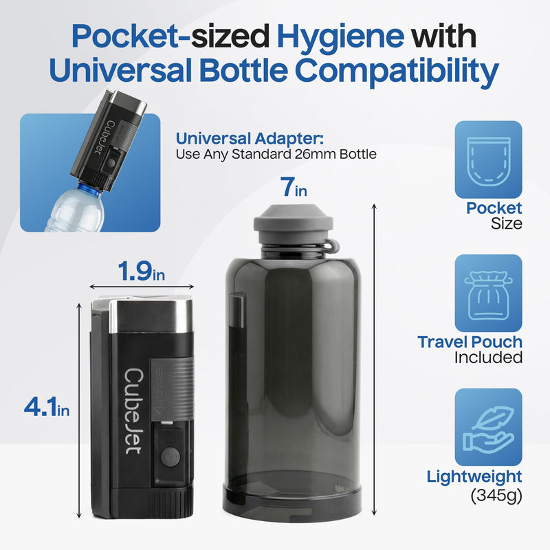 BIDET BUDDY® CubeJet Portable Bidet for Travel - 380ml Bottle, 1100mAh Rechargeable Battery, IPX6 Waterproof Wand-Style Nozzle, USB-C High-Pressure Hygiene Device for Camping & Home Obsidian Drift