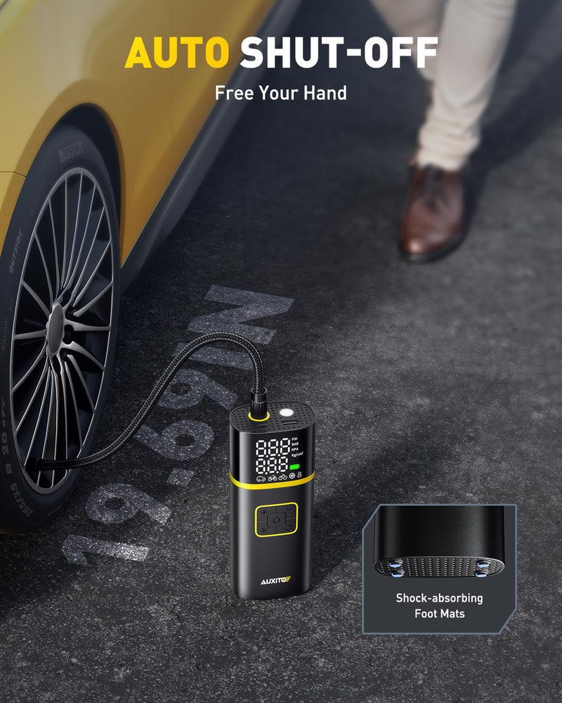 AUXITO Tire Inflator Portable Air Compressor - 150PSI 1Min Fast Inflate Air Pump for Car Tires with Tire Pressure Gauge, LED Flashlight, Portable Tire Inflatores for Car, Sedan, Motorcycle, Bike, Ball A301-5200mAh