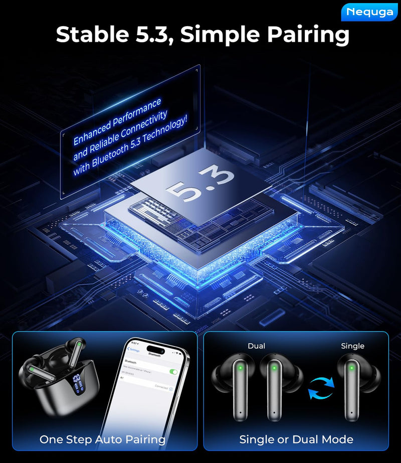 Wireless Earbuds, 50H Playtime Bluetooth Headphones, LED Display Case | Bluetooth 5.3, IPX7 Waterproof, Deep Bass Stereo, in-Ear Earphone with Mic for iPhone/Android/Tablet/Laptop/Sport ink