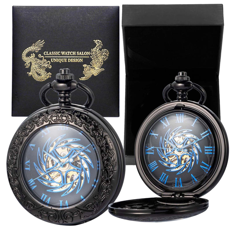 Mechanical Pocket Watch, for Men Women Special Magnifier Half Hunter Engraved Case Roman Numerals with Chain Bc. Sun-God-Bird, Black Blue
