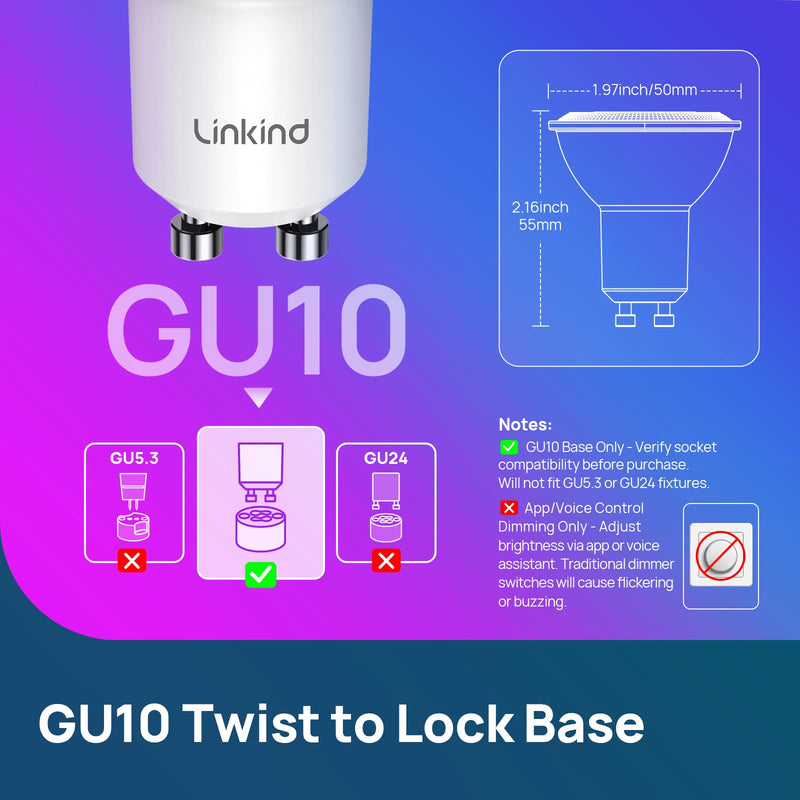 Linkind Matter GU10 Smart Light Bulbs, 40W 470LM Color Changing GU10 LED Bulbs, Works with Alexa/Apple Home/Google Home, Tunable White(1800K-6500K), Music Sync & Light Shows, 2Pack 2 Pack