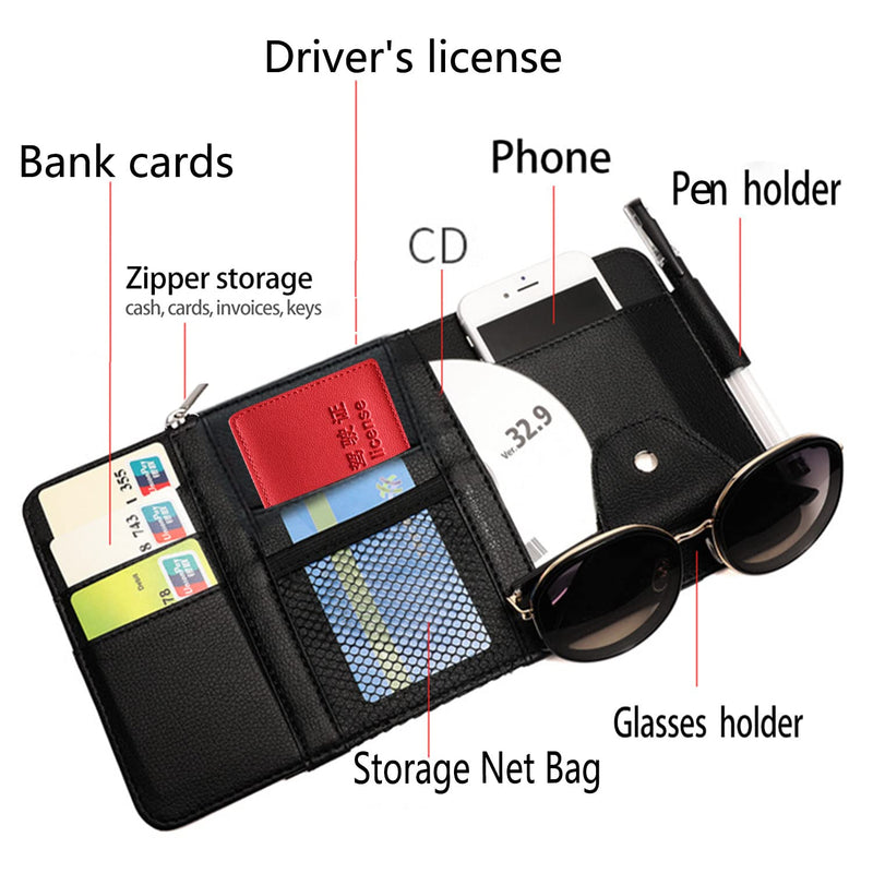 2 Packs Car Sun Visor Pocket Organizer for Car Truck, Car Visor Storage Pouch with Big Zipper Pocket, Card Sleeve Pocket Organizer, Drving License, Insurance, Sunglasses, Pen, Key, Phone, Lipstick 2PCS, Black
