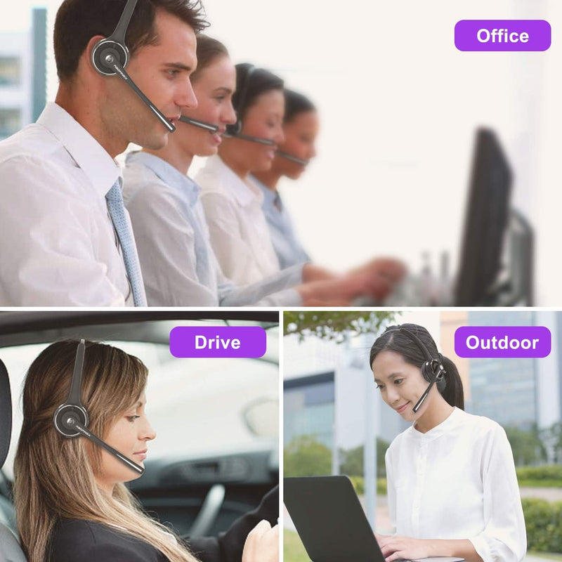Trucker Bluetooth Headset with Noise Cancelling Mic - 15H Working Time, Wireless Headset V5.2, Comfort for Long Drives, Call Centers & Office Use (with Charging Base)
