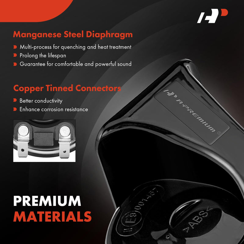 A-Premium Dual Snail Horn High Low Universal Electric Horns - 12V 110dB - Compatible with most Passenger Cars, Commercial/Off-Road Vehicles, Gas Cars, Electric Cars, Motorcycles & Trucks, 80 mm