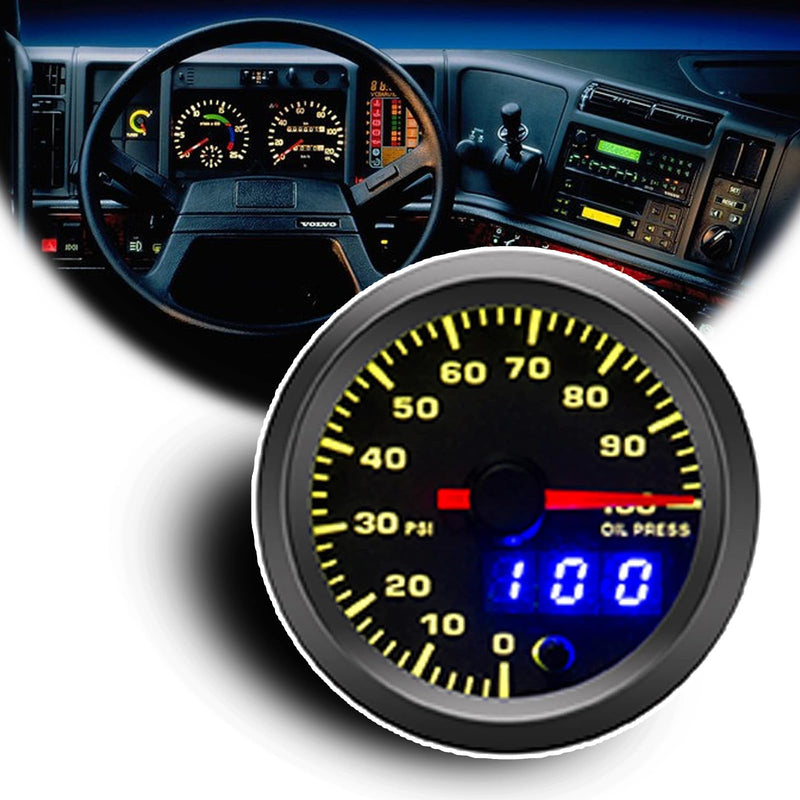 2-1/16" 52mm Oil Pressure Gauge Kit 7 Color 0 to 100 PSI Pointer & LED Digital Readouts Black Dial - Clear Lens Fit for 12V Cars Trucks