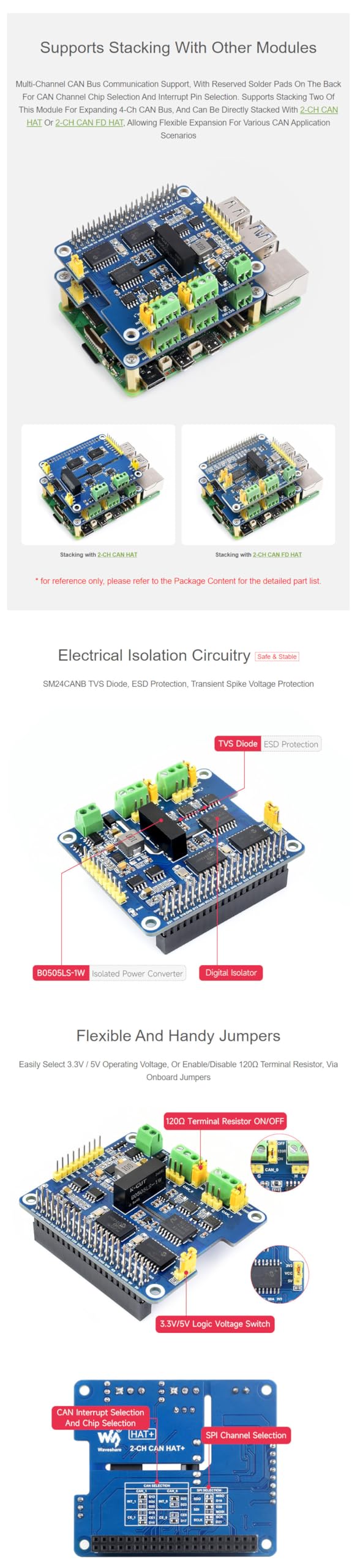 2-Channel Isolated CAN Bus Expansion HAT for Raspberry Pi 5/4B/3B/2B/Zero/Zero W/Zero WH/Jetson Nano 2-CH CAN HAT+ Stackable Design for Expanding Multiple CAN Channel