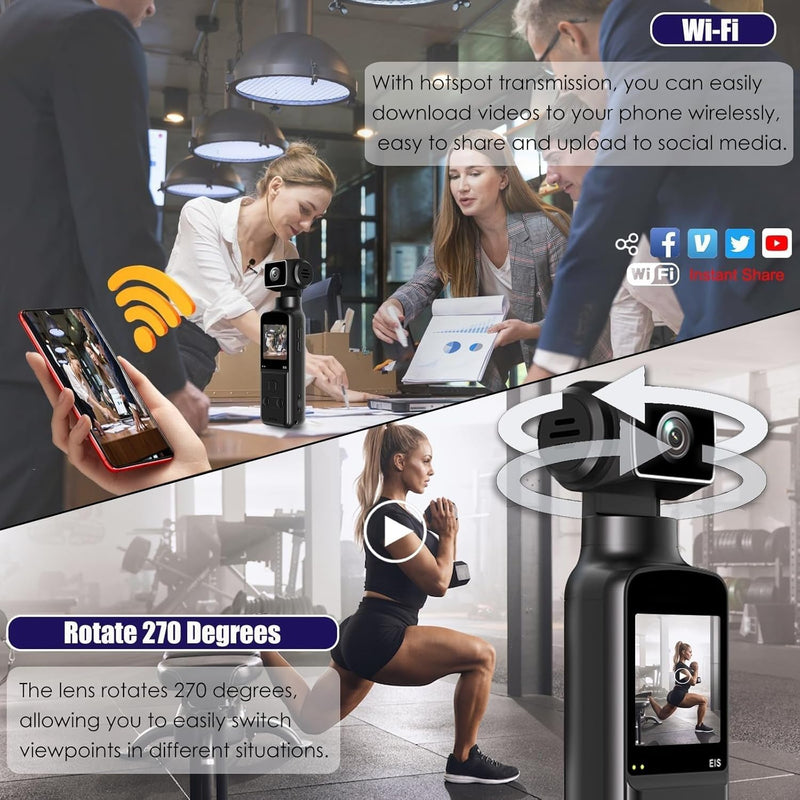 4K Pocket Body Camera with Audio & Video Recording, EIS Stabilization | 270° Rotating Len, Handheld POV Cameras with External Microphone, Vlogging Camera for Travel, Meeting, Daily Use(32GB)