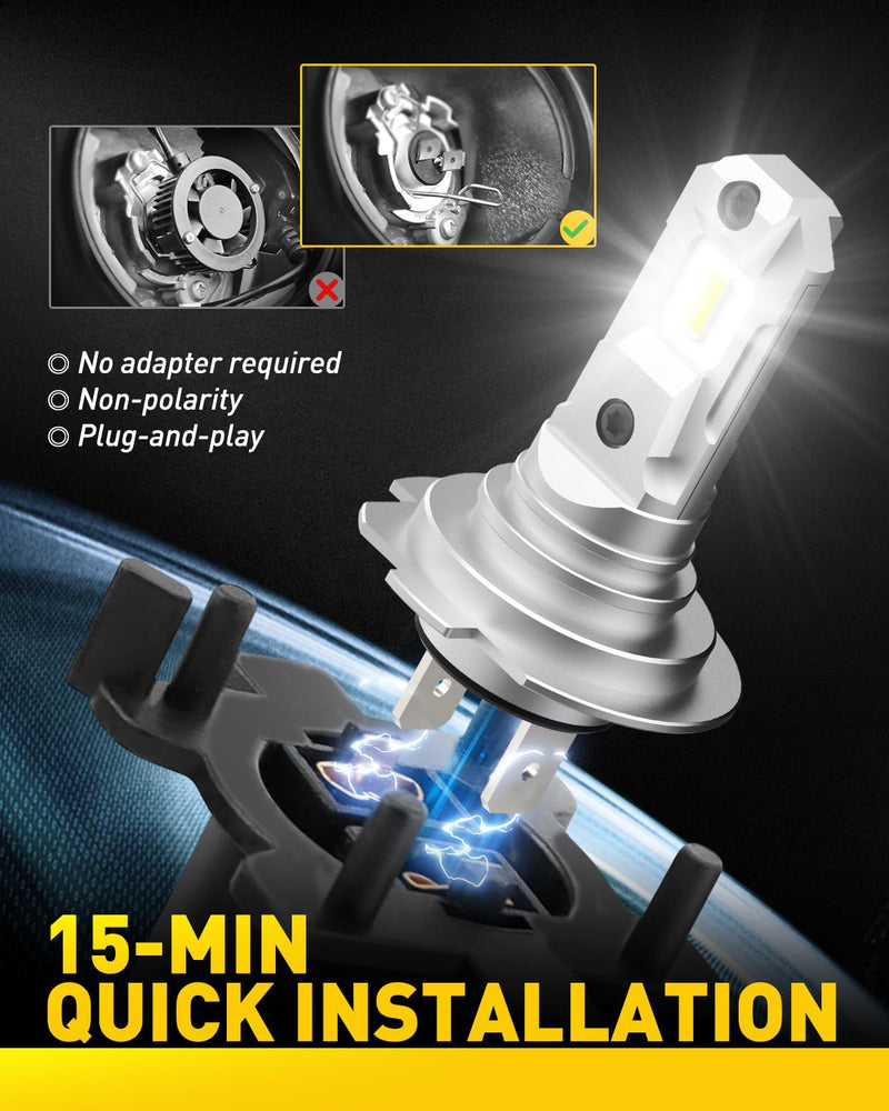 AUXITO H7 LED Bulbs, 500％ Brighter 6500K White, 1:1 Mini Size No Adapter Required Easy install, H7ll Fanless LED Kit Fog Lights