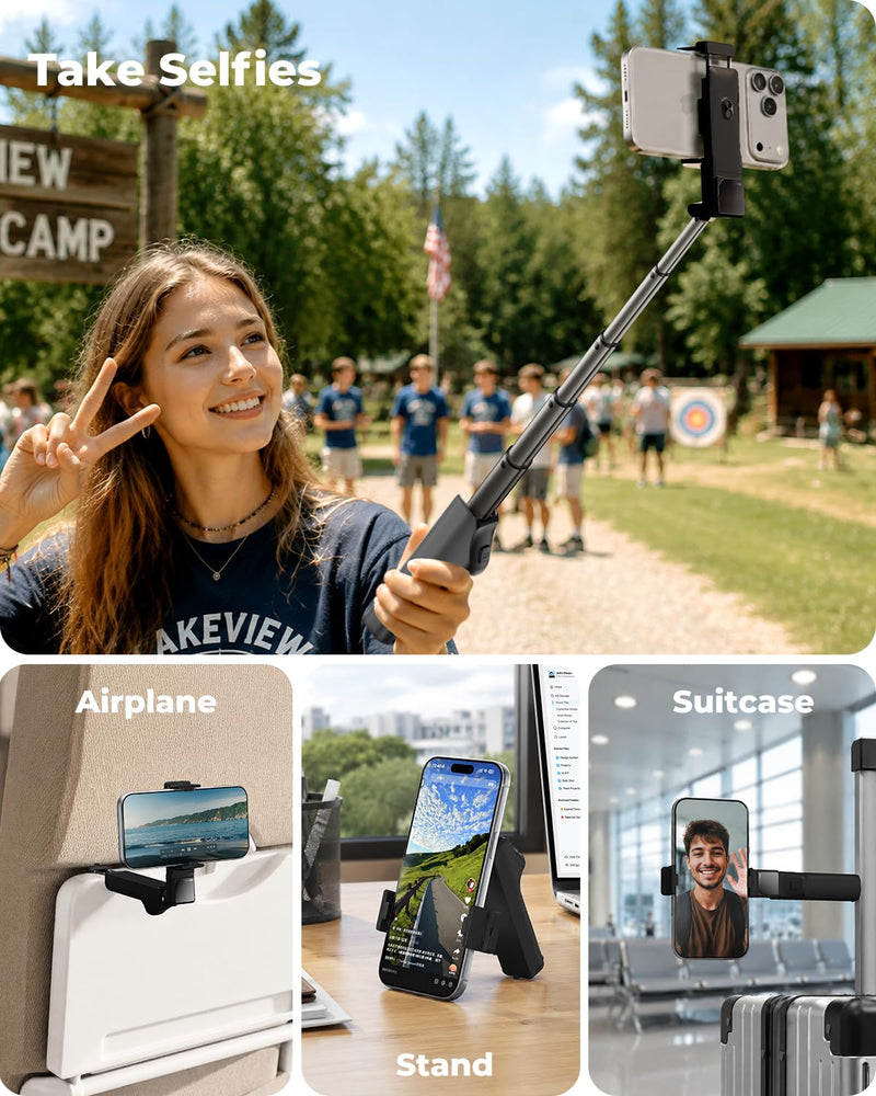Selfie Stick Phone Tripod with Desk Clamp, Extendable Selfie Stick for iPhone & Android, Pocket-Size Travel Phone Stand with Remote, Aluminum Alloy Stick for Travel, Video Recording & Live Streaming black