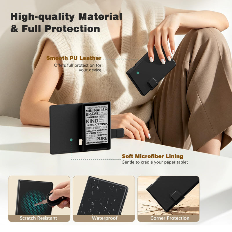 MoKo Magnetic Case for XTEINK X4 eReader 4.3", Slim Leather Cover, Black | Ultra-Lightweight, Folio Premium Cover, for Xteink X4 E-Book Reader, with Secure Magnetic Clasp