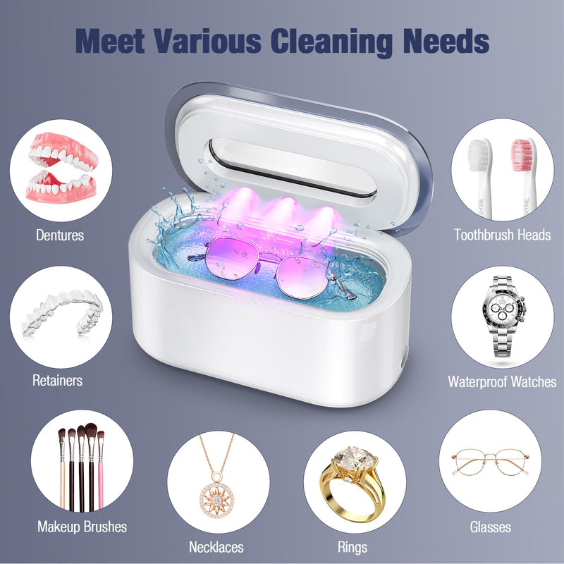 Ultrasonic Jewelry Cleaner, 48KHz Professional Ultrasonic Cleaner for Eyeglasses, Rings, Retainers, Dentures, 30W Jewelry Cleaner Ultrasonic Machine with Dual Cleaning Modes, White Pure White