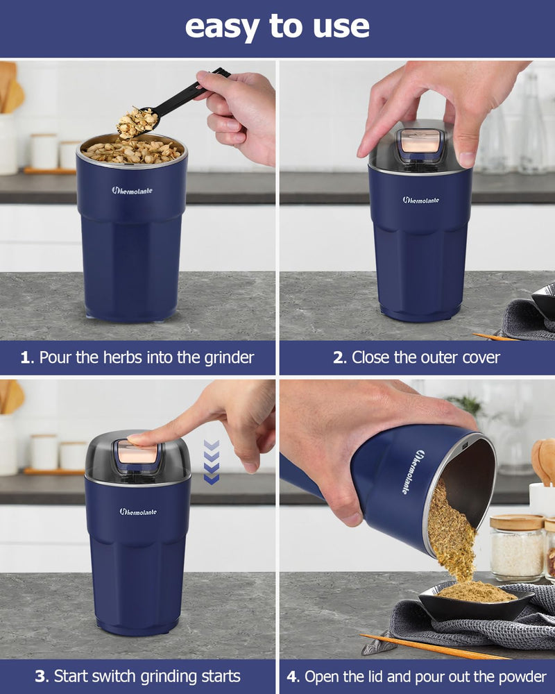 Herb Spice Grinder, One-key Electric Grinder with 304 Stainless Steel Blades and Cleaning Brush, Electric Grinders for Herb, Spices, Coffee, Nuts, Seeds,etc.