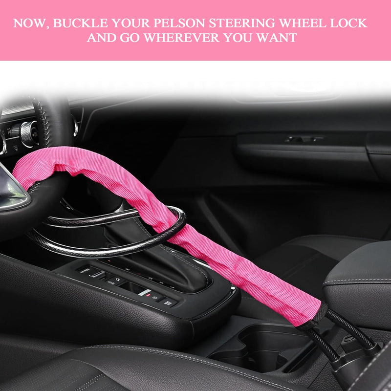 PELSON Steering Wheel Lock Car Anti Theft Device Max 18'' Length Car Lock with 3 Keys ABS Sturdy Seat Belt Lock for Car Security Fit Most Vehicles Truck SUV Van Golf Cart (Pink)