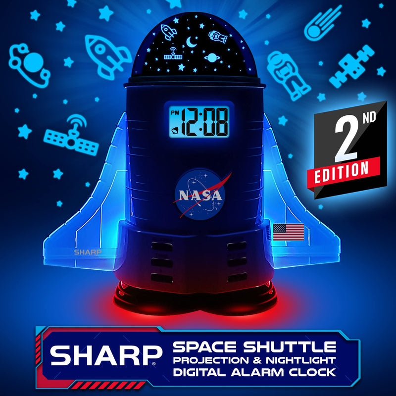 Sharp NASA Space Shuttle Night Light Alarm Clock – Wings and Booster Lights Up – Space Design Nightlight Fun with 4 Color Options and 2 Space Themes for Bedroom, Great Gift!