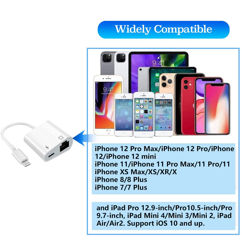 Lightning to Ethernet Adapter with Charging for iPhone/iPad [Apple MFi Certified] 2 in 1 RJ45 Ethernet High Speed iPhone LAN Network Adapter Support 100 Mbps Ethernet Network Lightning to Ethernet Adapter