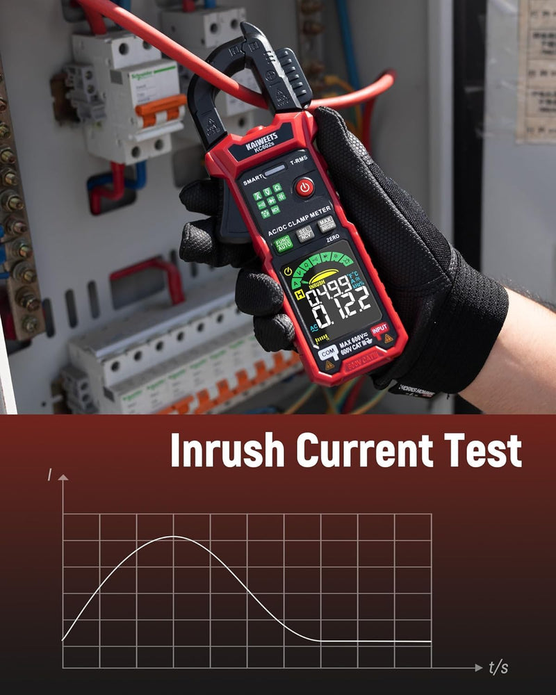 KAIWEETS Smart Digital Clamp Meter, 2026 Intelligent Auto Ranging Multimeter 600A TRMS 6000 Counts, NCV, Inrush, Auto Measure AC DC Voltage/Current Continuity Temperature Resistance Capacitance Diode