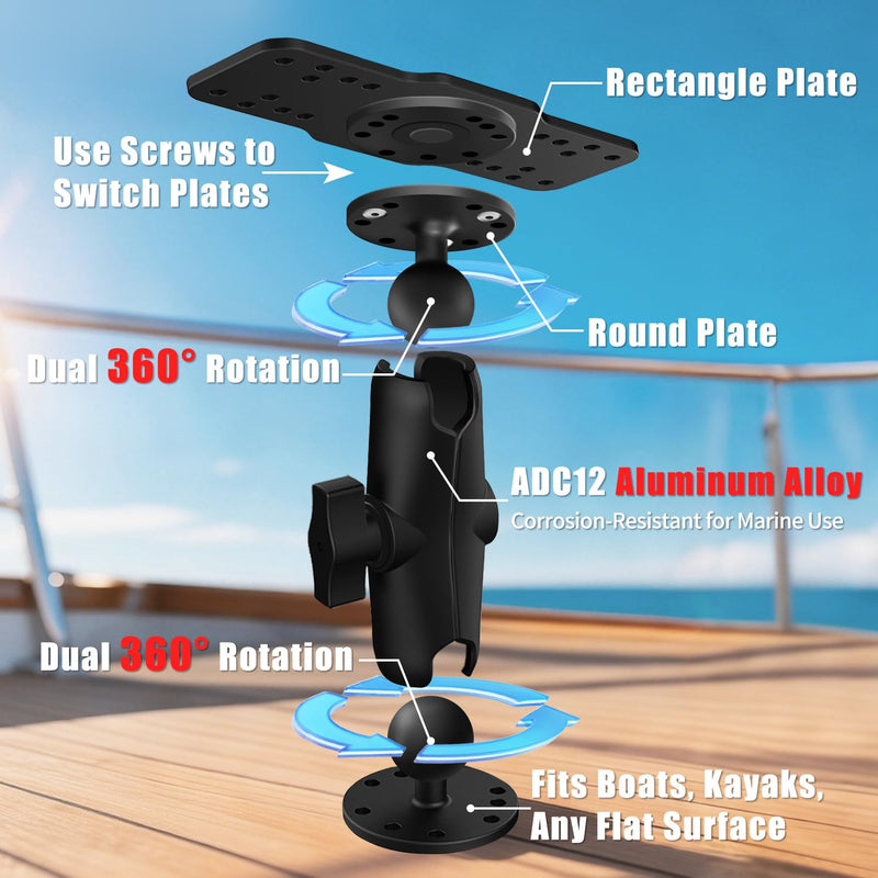 S108 Aluminum Alloy Fish Finder Mount Base, 5.4" Dual Purpose Mount with Rectangle Plate & Round Plate, 360° Rotation Marine Electronic Mount Compatible with Garmin, Lowrance, Humminbird