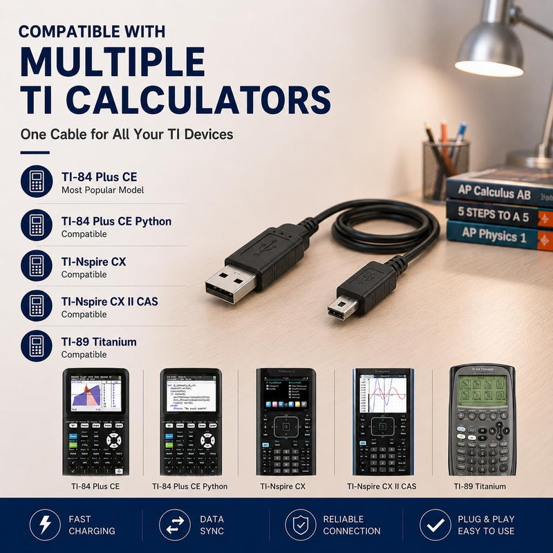 TI-84 Plus CE Charger Cable, USB-A to Mini USB Charge & Sync | Reliable USB-A to Mini USB Charge & Sync cable for TI-84 Plus CE calculators.
