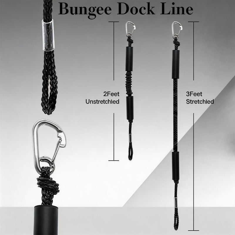 2 PK Black Bungee Dock Lines for Boats 2FT with 316 Stainless Clip Boat Accessories Marine Grade Boat Rope Boating Accessories Boat Dock Lines Jet Ski or PWC Mooring Boat Lines & Dock Ties