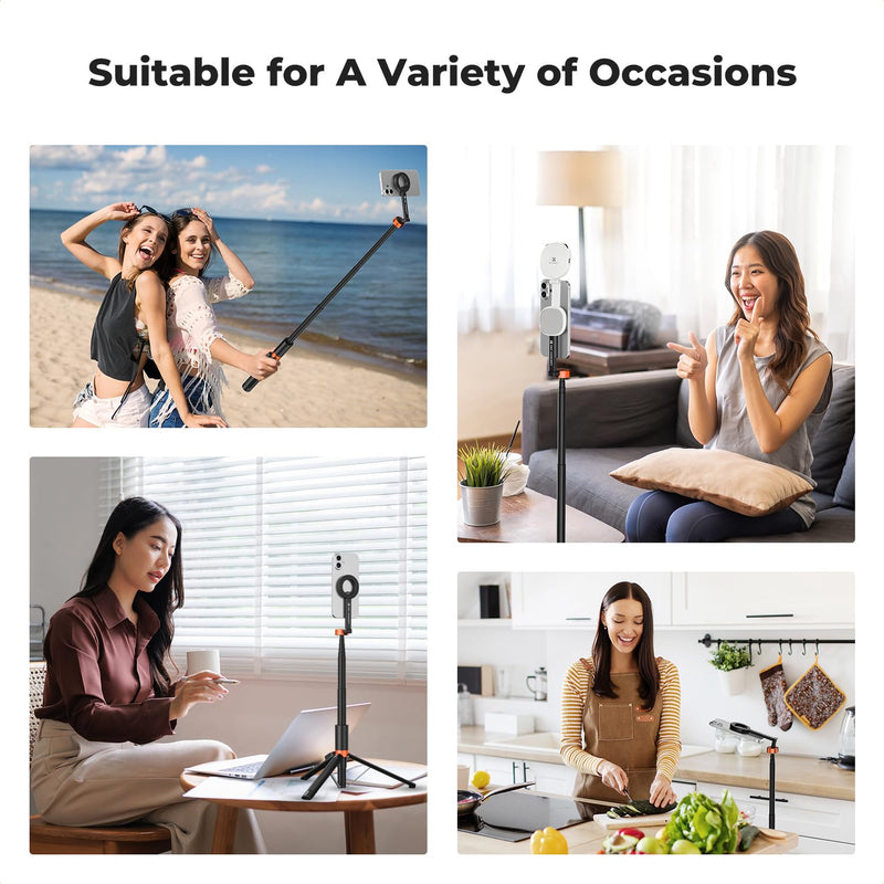 K&F CONCEPT Lightweight 71 inch Magnetic Selfie Stick Tripod | Portable Extendable, Bluetooth Remote, 3-Axis Adjustment Aluminium Vlog Rig Compatible with iPhone 17 16 15 14 Pro Max, MS18 Black