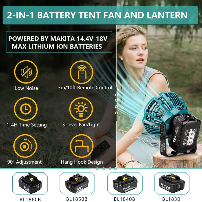 Fan for Makita 14.4V-18V Li-Ion Battery, Portable Camping Fan with Remote, 3 Speed Brightness, 4H Timer, Foldable Hook Rechargeable Cordless Jobsite Small Personal Fan