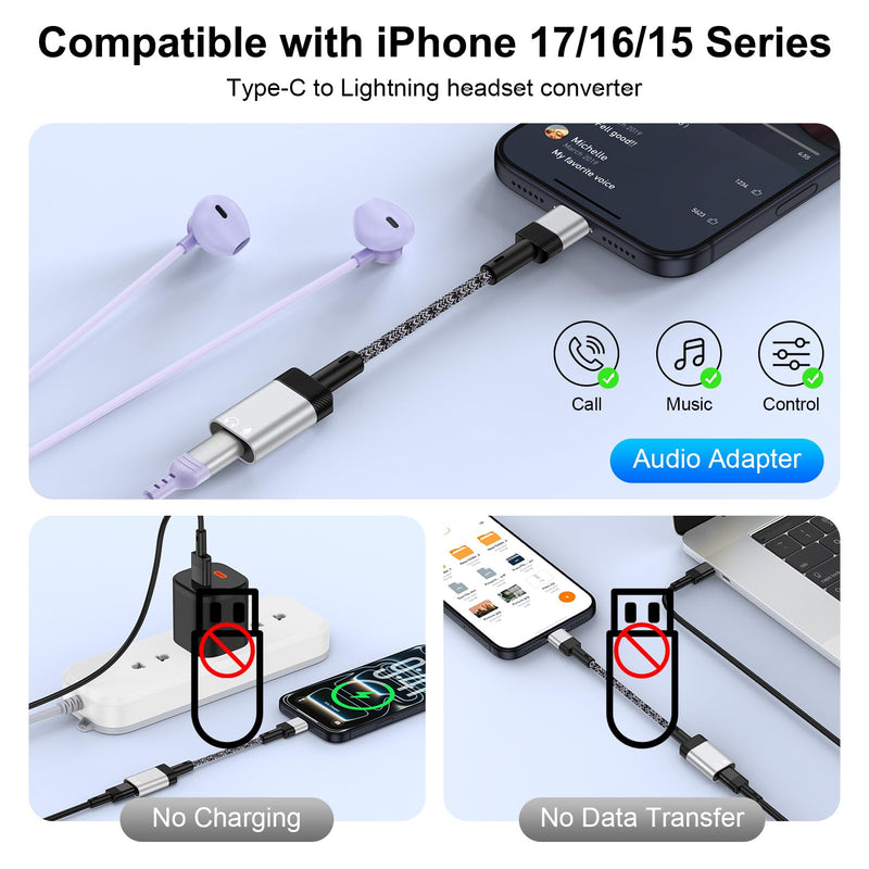 USB C to Lightning Headphone Audio Adapter for iPhone 17e 17 Air Pro Max Air 16e 16 15 Pro Max Plus,iPad,MacBook, USB C Male to Lightning Female Earbuds Audio Adapter Earphone Converter (NO CHARGE) Gray