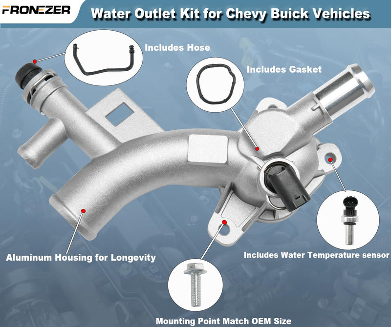 Aluminum Engine Coolant Thermostat Housing Water Outlet Kit with Coolant Reservoir Inlet Hose Compatible with 2011-2021 Chevy Cruze Sonic Trax, Buick Encore 1.4L Replaces 25193922, 902-846, 13251447 Water Outlet & Inlet Hose