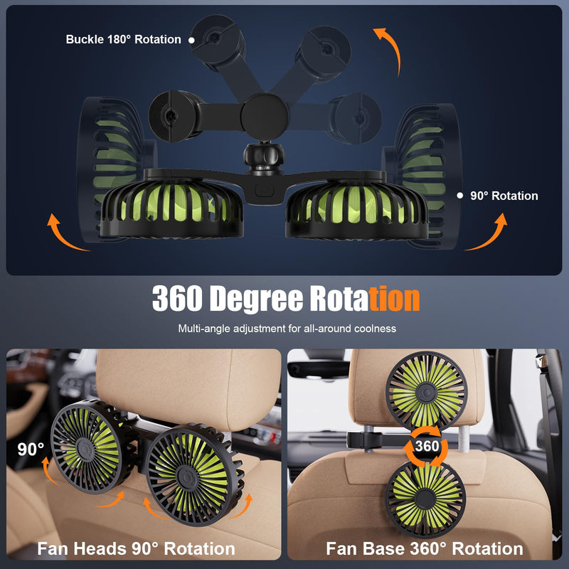 Dual Head USB Car Fan, 3 Speeds 360° Rotatable Backseat Headrest Fan, Quiet 5V/2A Electric Air Circulation Fan for Kids, Pets, Sedan SUV RV Truck black green Large