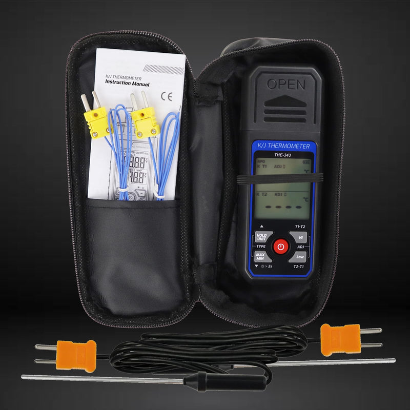 Thermocouple Thermometer Digital K/J Type with 4 K Type Thermocouple, HVAC Thermometer with Alarm & Adj Compensation, Temperature Meter -328°F ~ 2501°F Measuring Range
