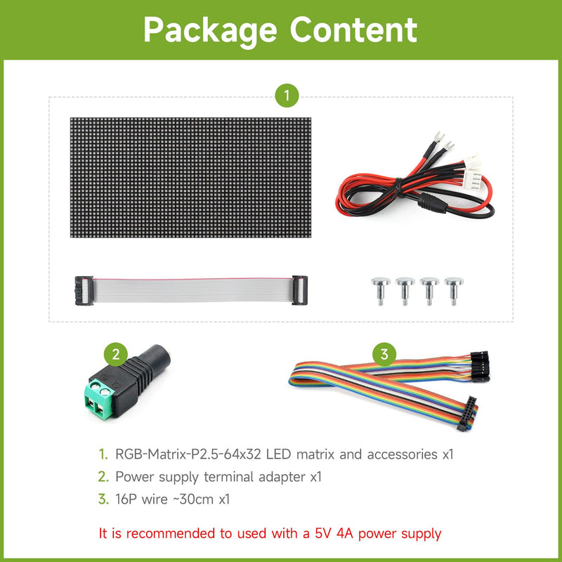 waveshare RGB Full-Color LED Matrix Panel, 2.5mm Pitch, 64×32 Pixels, Adjustable Brightness, Compatible with Raspberry Pi 5/4B/3B/Zero/Zero W/Zero 2W/Pico/Pico W/Pico WH