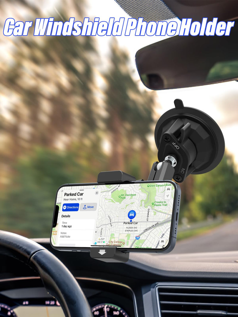 Suction Cup Car Phone Holder, Metal Phone Mount for Car Windshield | Aluminum Alloy, 360°Adjusting Arm, Heat Resistant Cellphone Holder for iPhone17 16 15 Pro Max, Galaxy S26 & 4-7" All Phones