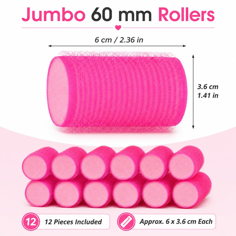 Healeved 12Pcs Hair Curlers Rollers, 60mm Jumbo Hair Roller Curlers Self Grip Holding Rollers for Long Medium Short Thick Fine Thin Hair Bangs Volume (Rose Red)